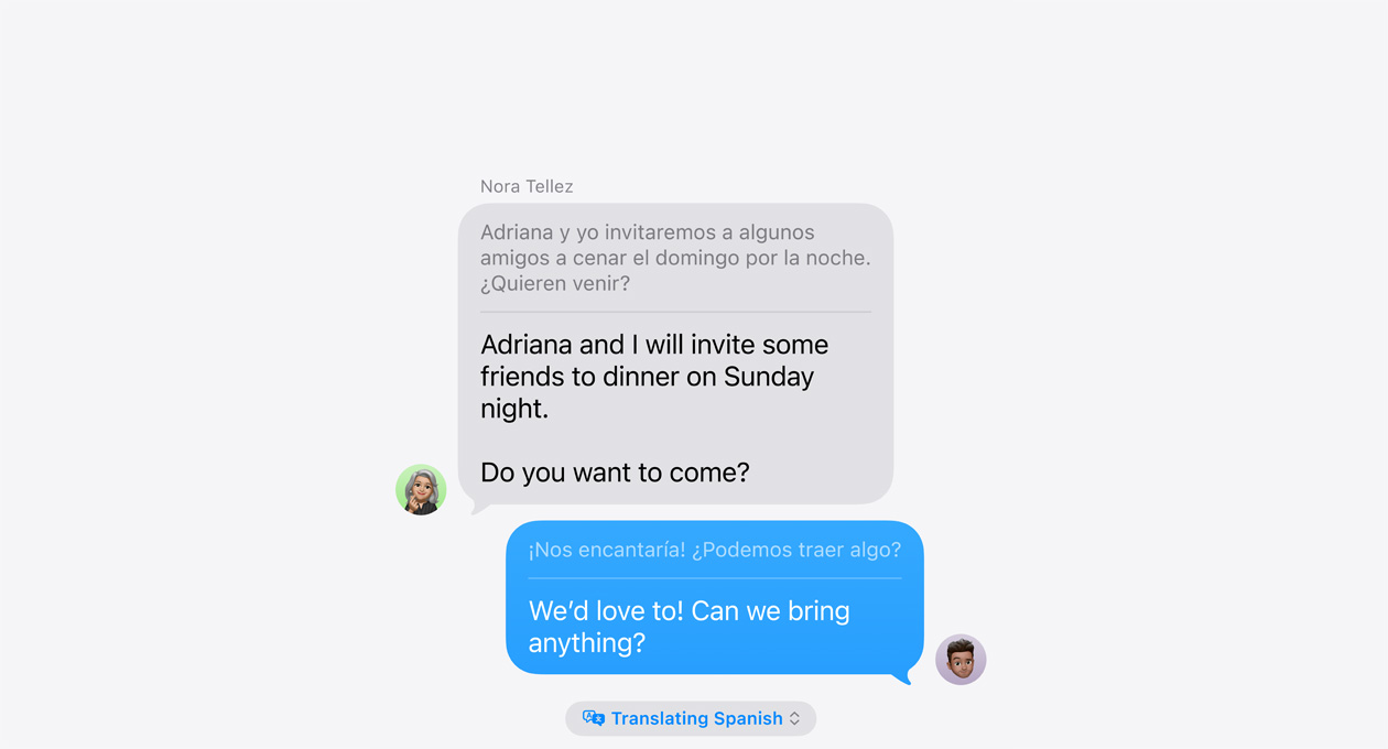 Tłumaczenie na żywo w apce Wiadomości, przykład automatycznego tłumaczenia z hiszpańskiego na angielski