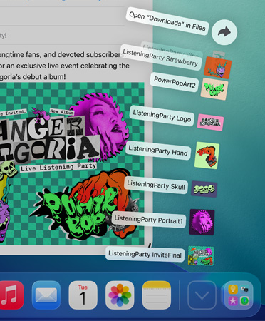 Gros plan du Dock en bas avec une série de fichiers qui sortent verticalement du Dock
