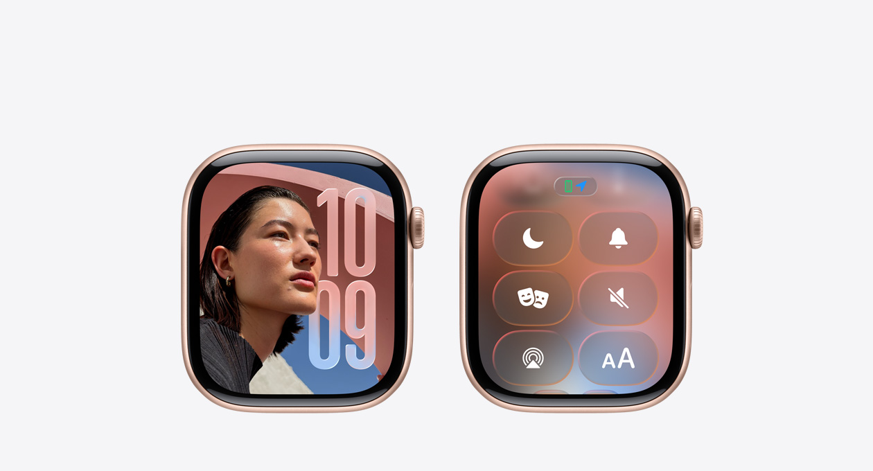 Apple Watch in Rose Gold without a band, Clock app on watch face showcasing the new Liquid Glass design in watchOS 26