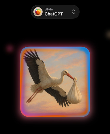 Image Playground screen with image of a photorealistic storks carrying a bundle in its beak, showing options for custom image styles from ChatGPT