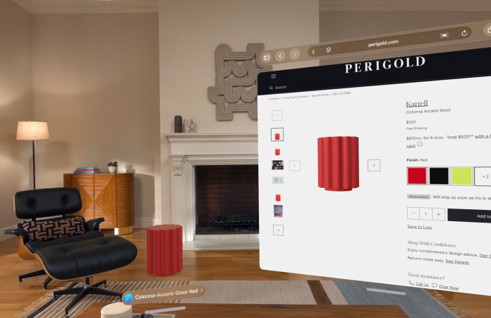 Safari shopping page featuring Kartell Colonna Accent Stool, for sale, floats in a room, a 3D version of a stool sits on the floor in a room