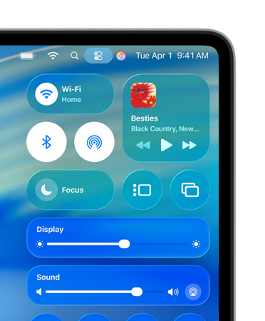 Right side of Mac screen showing Liquid Glass custom controls, like Wi-Fi and Bluetooth, in Control Center