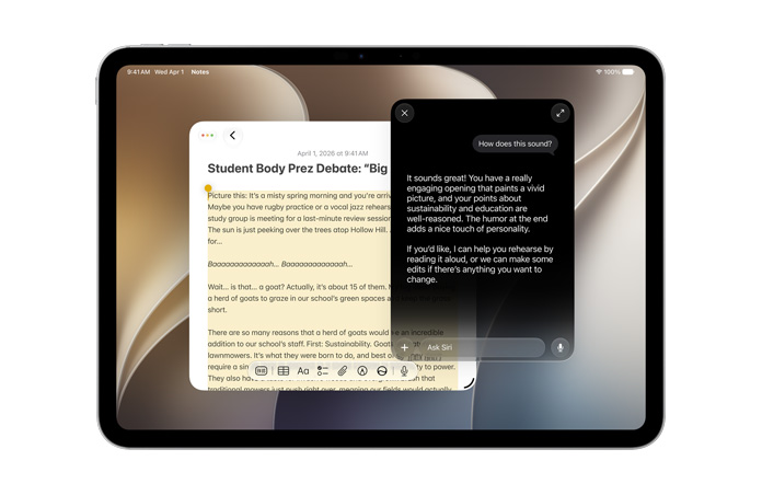 iPad Pro de 11 pulgadas, color plata, la pantalla muestra la app Notas con texto, una consulta a Siri para crear nuevo contenido