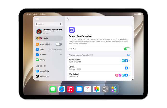 iPad Pro de 11 pulgadas, color plata, la pantalla muestra las opciones de Límites de Tiempo y Horarios en Tiempo en Pantalla en Configuración para ajustar los límites de tiempo y las categorías de contenido para menores