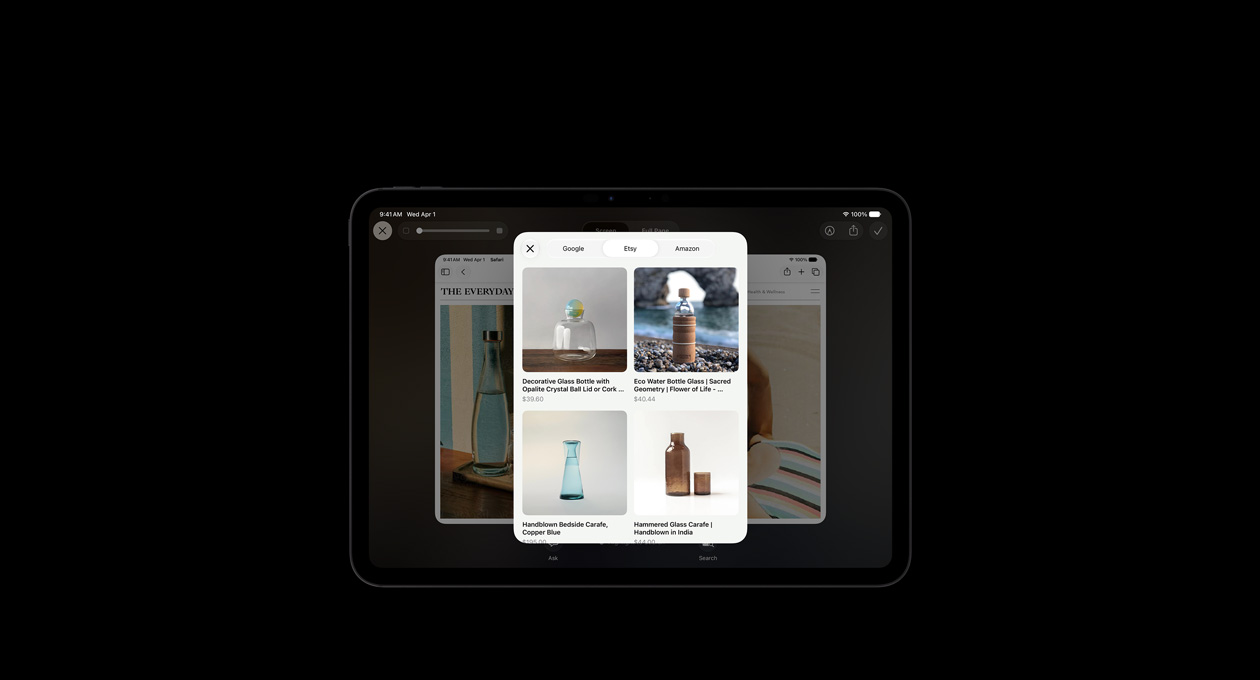 iPad Pro de 11 pulgadas, negro espacial, la pantalla muestra una imagen de productos en respuesta a una consulta en pantalla de Inteligencia Visual sobre botellas de vidrio, con botones para preguntar o buscar imágenes en la parte inferior de la pantalla