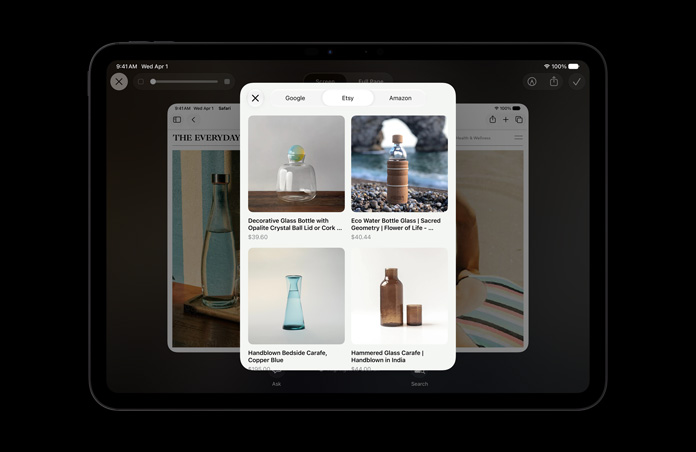 iPad Pro de 11 pulgadas, negro espacial, la pantalla muestra una imagen de varios productos en respuesta a una consulta de Inteligencia Visual sobre botellas de vidrio, con botones para preguntar o buscar imágenes en la parte inferior de la pantalla