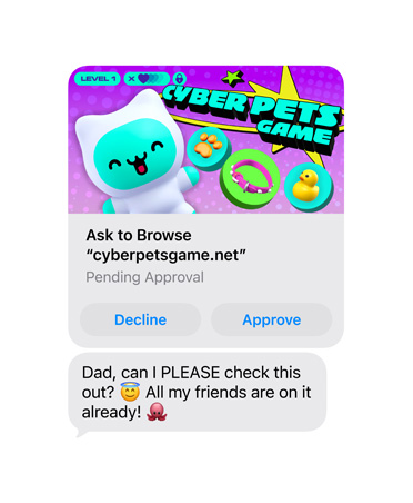 Pantalla que muestra un mensaje de texto con una captura de pantalla de cyberpetsgame.net, botones Rechazar y Aprobar debajo de la gráfica, texto del mensaje: Papá, ¿puedo ver esto? Todos mis amigos lo usan