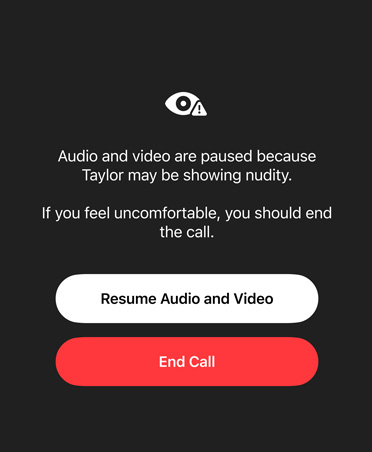 Mensaje automático para los padres sobre el contenido sensible y peligroso que sus hijos podrían estar viendo en una llamada de FaceTime, con opciones para reanudar el audio y video o finalizar la llamada