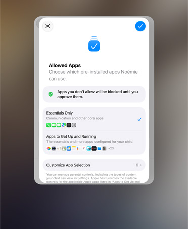 Apps del Asistente de Configuración con una selección de apps que los padres pueden elegir para sus hijos