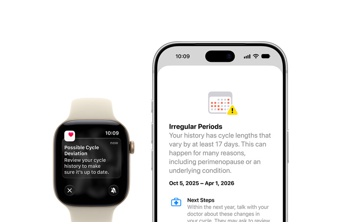 La app Salud actualiza el registro de una posible alteración del ciclo en la app Control del Ciclo en el Apple Watch Series 12 con correa deportiva color arena y caja de aluminio color oro claro y un iPhone 18 Pro