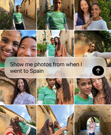 Screen showing query for Siri AI to retrieve recent holiday photos, text of query overlays photo grid