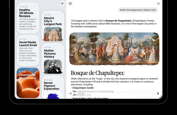 iPad Pro de 11 pulgadas, negro espacial, la pantalla muestra la app Siri con una conversación activa con Siri AI y conversaciones anteriores en la barra lateral.