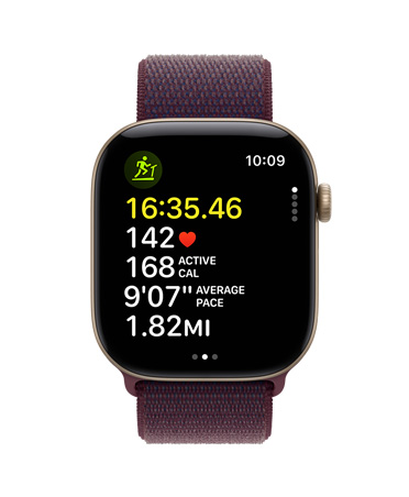 Apple Watch Series 12 en caja de aluminio color oro claro y una correa color borgoña, muestra métricas de entrenamiento como tiempo, frecuencia cardiaca, calorías y distancia