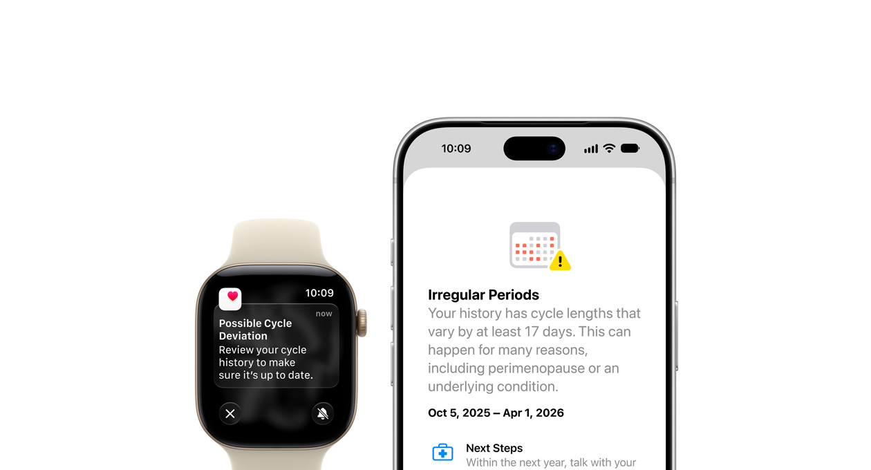 La app Salud actualiza el registro de una posible alteración del ciclo en la app Control del Ciclo en el Apple Watch Series 12 con correa deportiva color arena y caja de aluminio color oro claro y un iPhone 18 Pro