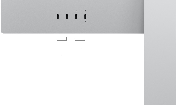 มุมมองด้านหลังของ Studio Display XDR ซึ่งแสดงพอร์ต USB-C จำนวน 2 พอร์ต และพอร์ต Thunderbolt 5 จำนวน 2 พอร์ต