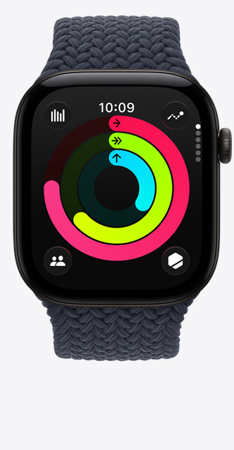 Apple Watch Series 12, aluminum case, black color, Activity rings: move, exercise, stand, Digital Crown, Braided Solo Loop band, navy blue color