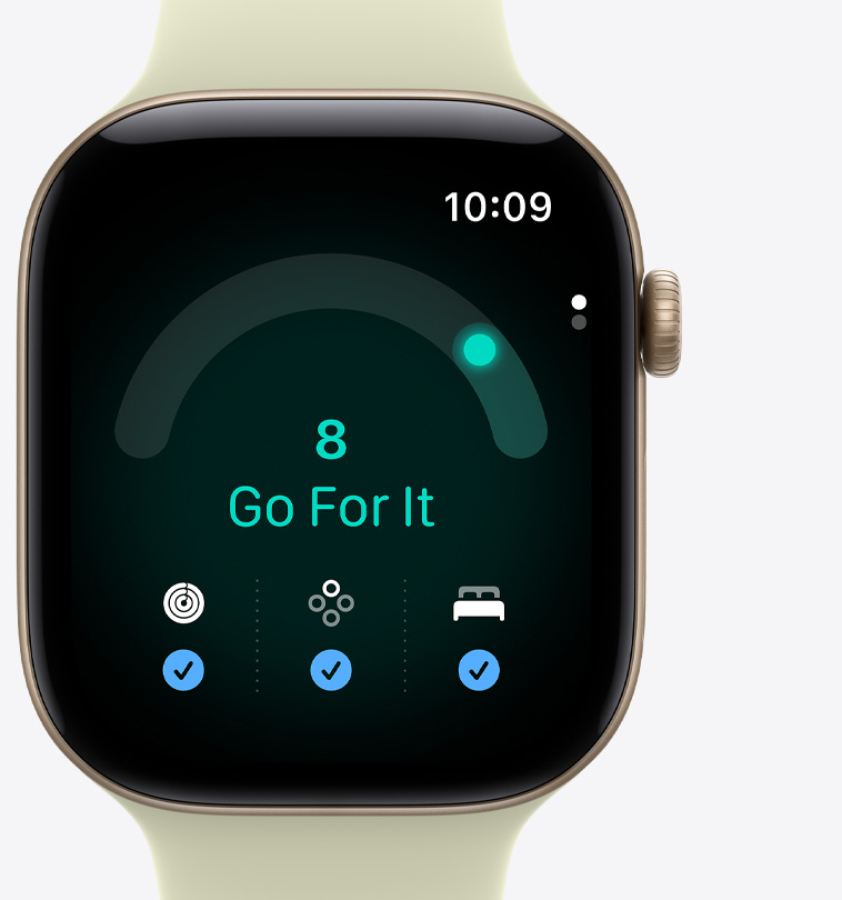 Apple Watch Series 12, aluminum case, light gold color, Readiness app, readiness score at 8, message reads "go for it", Activity rings, Vitals, and sleep score metrics with blue checkmarks at bottom of screen