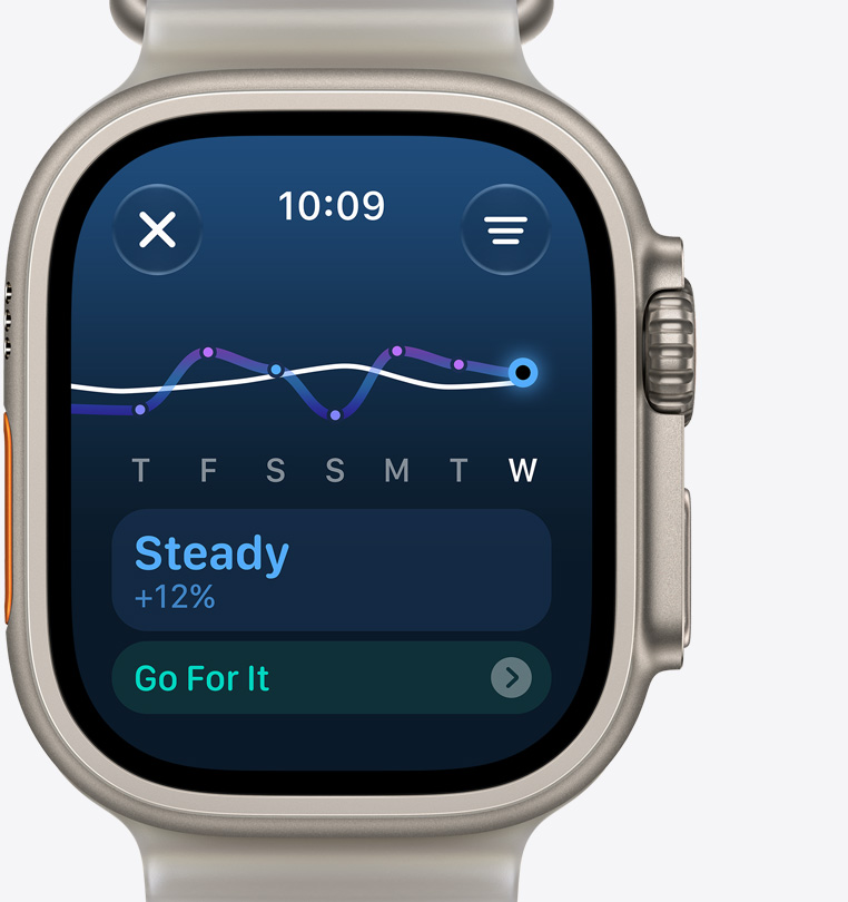 Apple Watch Ultra 4, training load screen indicates steady increase, titanium case, natural color, connected to Ocean Band, translucent gray color