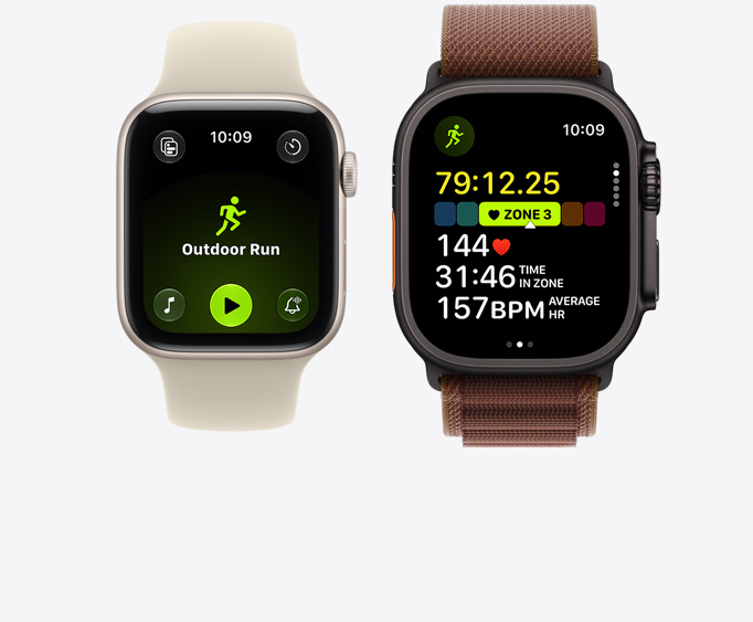 Apple Watch Series 12, aluminum case, light gold color, Outdoor Run workout open with Apple Music play controls, Apple Watch Ultra 4, titanium case, black color, Running workout open, heart rate in Zone 3