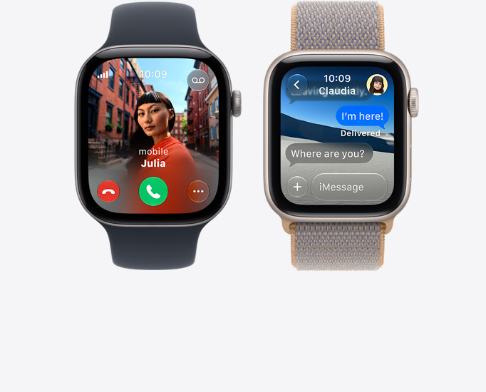 Apple Watch Series 12 devices, screens: incoming call, contact photo, accept and decline call buttons, iMessage conversation, connected to Sport Band, black color, Sport Loop, chambray blue color (light blue-gray)