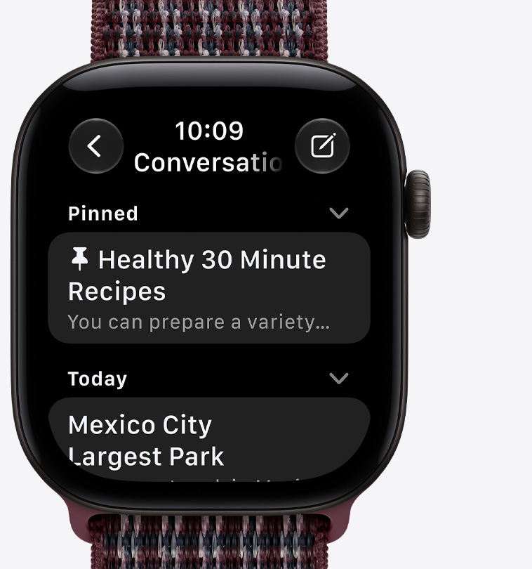 Apple Watch Series 12, aluminum case, black color, pinned conversations screen, Sport Loop band, burgundy plaid color