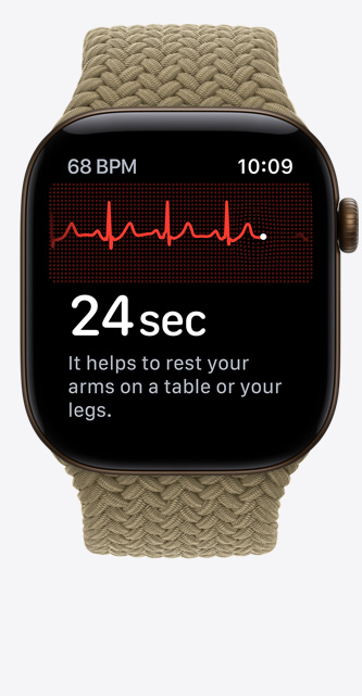 Apple Watch Series 12, aluminum case, dark bronze color, ECG app, heart rhythm line and timer, Braided Sport Loop, olive color (light earthy green)