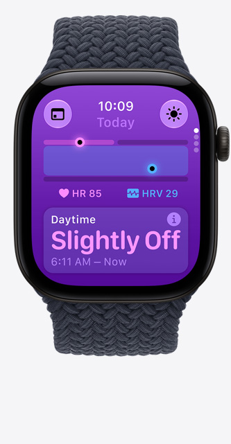 Apple Watch Series 12, aluminum case, black color, Vitals app, chart scoring health, current heart rate beats per minute, daytime reading indicates vitals slightly off, Braided Solo Loop band, navy blue color