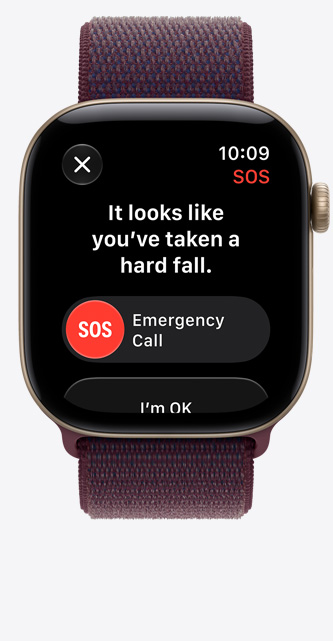 Apple Watch Series 12, screen shows hard fall notification, emergency call option, aluminum case, light gold color, connected to Sport Loop band, burgundy color