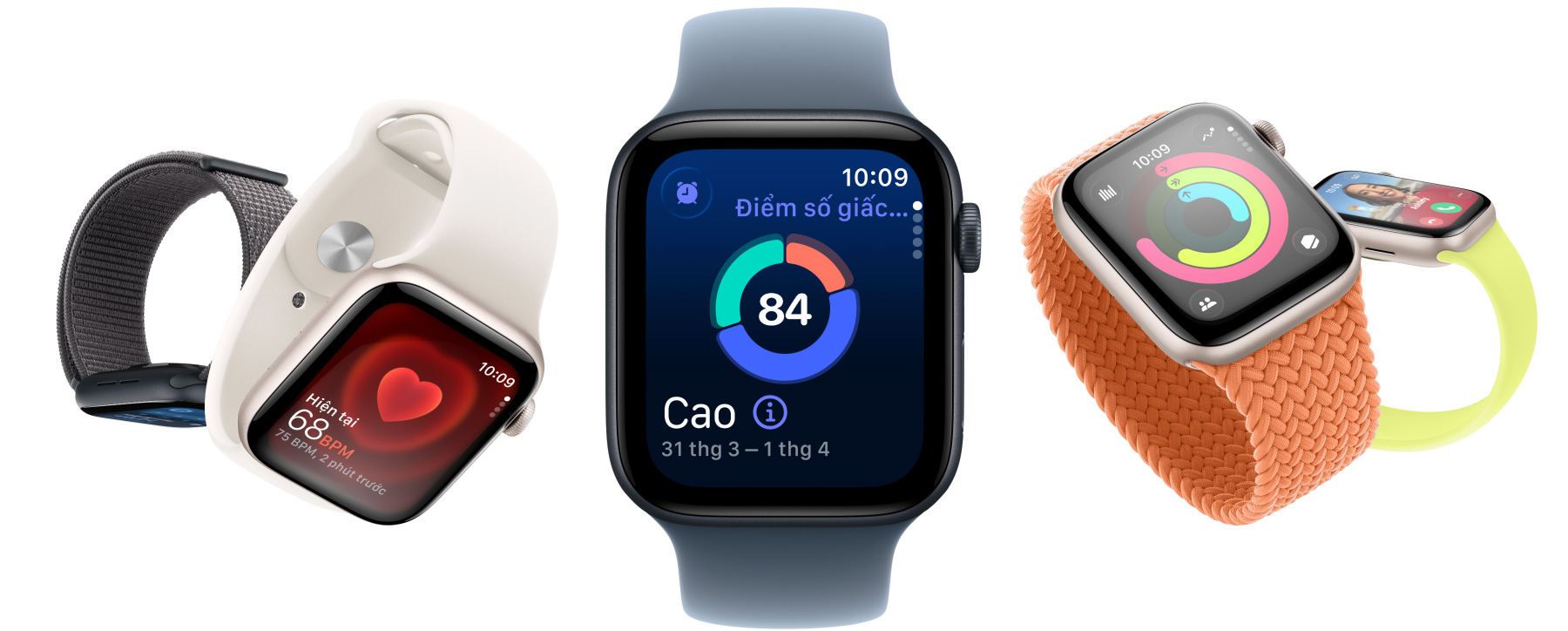 Apple Watch SE 3 with aluminum cases available in starlight and midnight colors, featuring apps such as Vitals, Heart Rate, sleep score, Activity rings, and incoming call