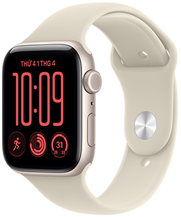 Apple Watch SE 3, vỏ nhôm, màu ánh sao, mặt đồng hồ Mô-đun, các tổ hợp: thứ và ngày, Bài Tập, các vòng Hoạt Động, nhiệt độ, mặt ngoài bên phải, Digital Crown, nút sườn, Dây Đeo Thể Thao, màu cát