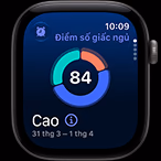 Apple Watch Series 12, vỏ nhôm, màu xám không gian, biểu đồ điểm số giấc ngủ hình tròn, mặt ngoài bên phải, Digital Crown