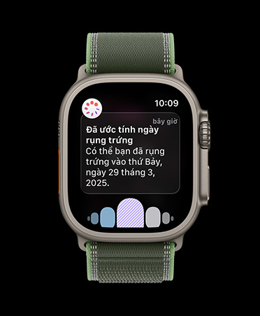 Apple Watch Ultra 3, natural titanium case, ovulation date estimation notification from Cycle Tracking in Health app, Trail Loop, green/neon color