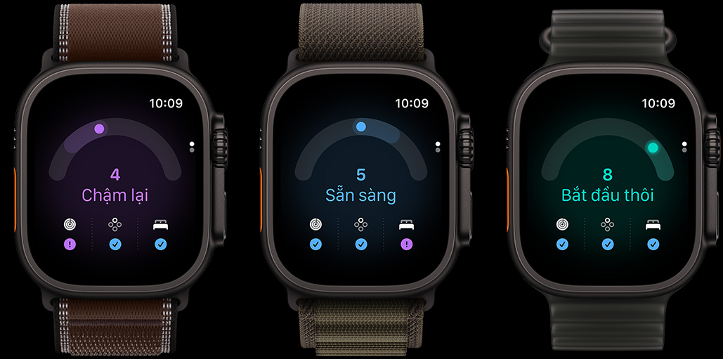 Three Apple Watch Ultra 4 devices: black titanium case, readiness score 4, dark umber Trail Loop band, black titanium case, readiness score 5, dark olive Alpine Loop band, black titanium case, readiness score 8, translucent black Ocean Band