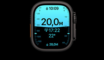 Apple Watch Ultra 4, vỏ titan, màu đen, ứng dụng Độ Sâu hiển thị các chỉ số lặn, mặt ngoài bên phải, Digital Crown, nút sườn nhô lên