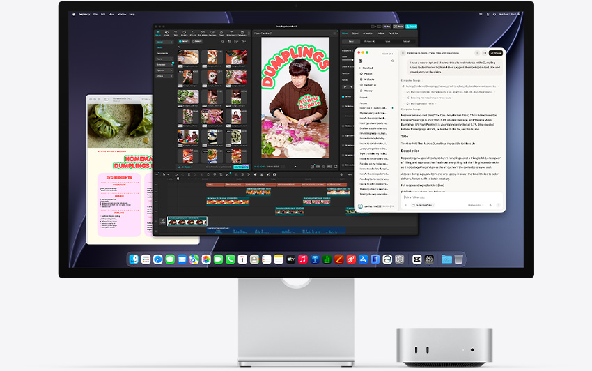 Mac mini nhìn từ phía trước, được đặt gọn bên dưới Studio Display, ứng dụng DaVinci Resolve đang chạy trong môi trường macOS