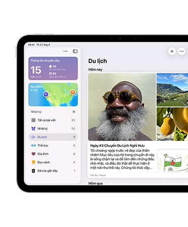 iPad, nằm ngang, bên trái màn hình hiển thị ứng dụng Nhật Ký