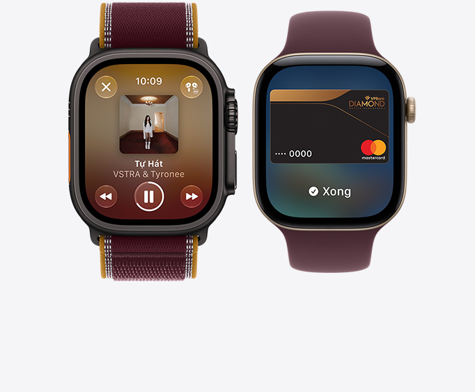 Apple Watch Ultra 4, titanium case, black color, Apple Music app, now playing screen, Trail Loop band, burgundy color; Apple Watch Series 12, aluminum case, light gold color, Apple Pay screen, Sport Loop band, burgundy color